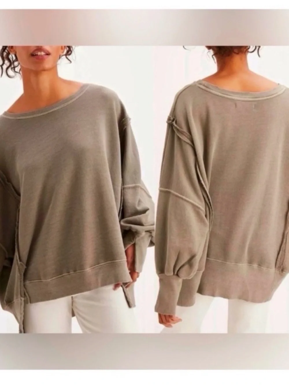 FREE PEOPLE Stone Grey Boho Oversized Crewneck Sweatshirt